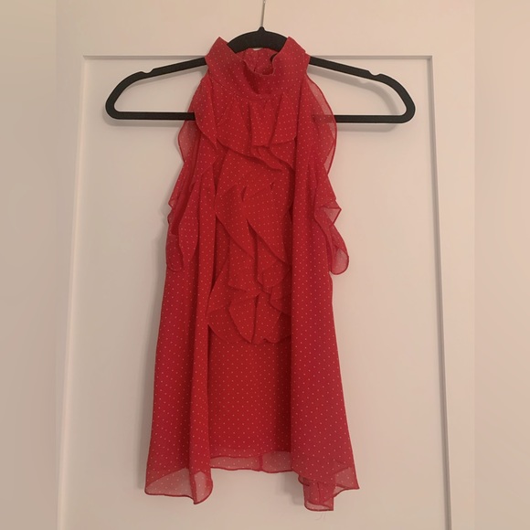 Sleeveless Red Blouse with White Polka Dots - Picture 2 of 4